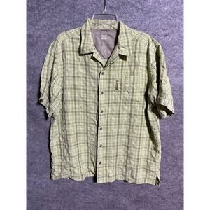Columbia Button Shirt Men L Plaid Lined Short Sleeve Spread Collar Outdoor Green
